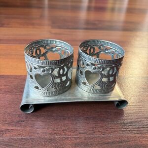 Vintage Silver‎ Metal Heart Cutout Tea Light Holders Set of 2 with Tray